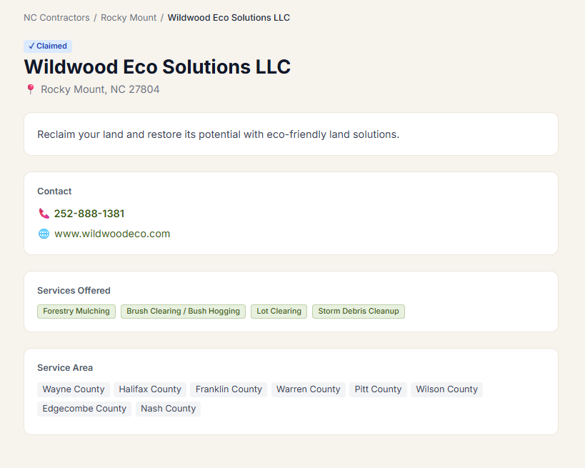 Detailed contractor profile showing services offered, service area, and contact info