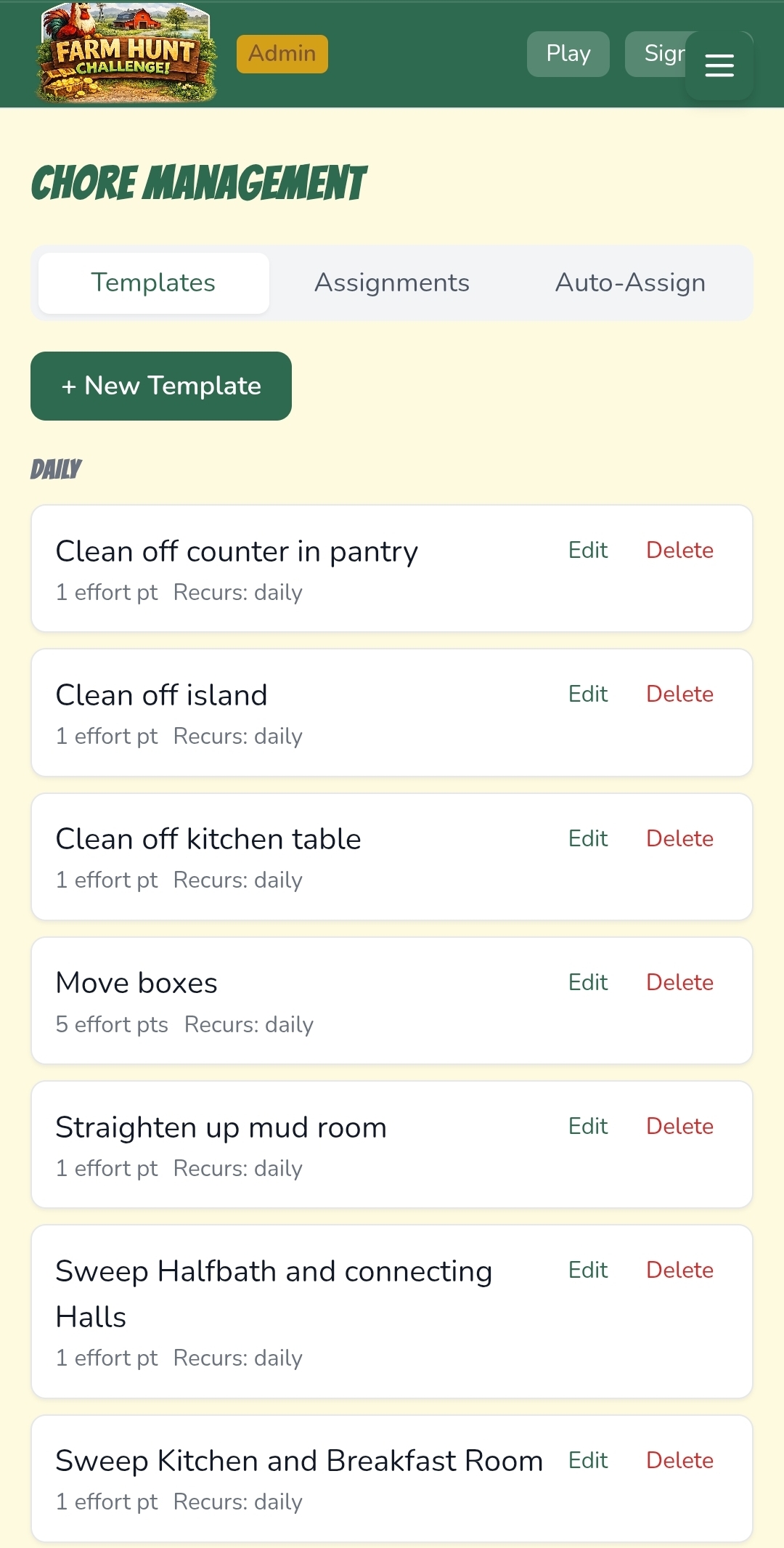 Farm Hunt chore management interface with templates and assignments