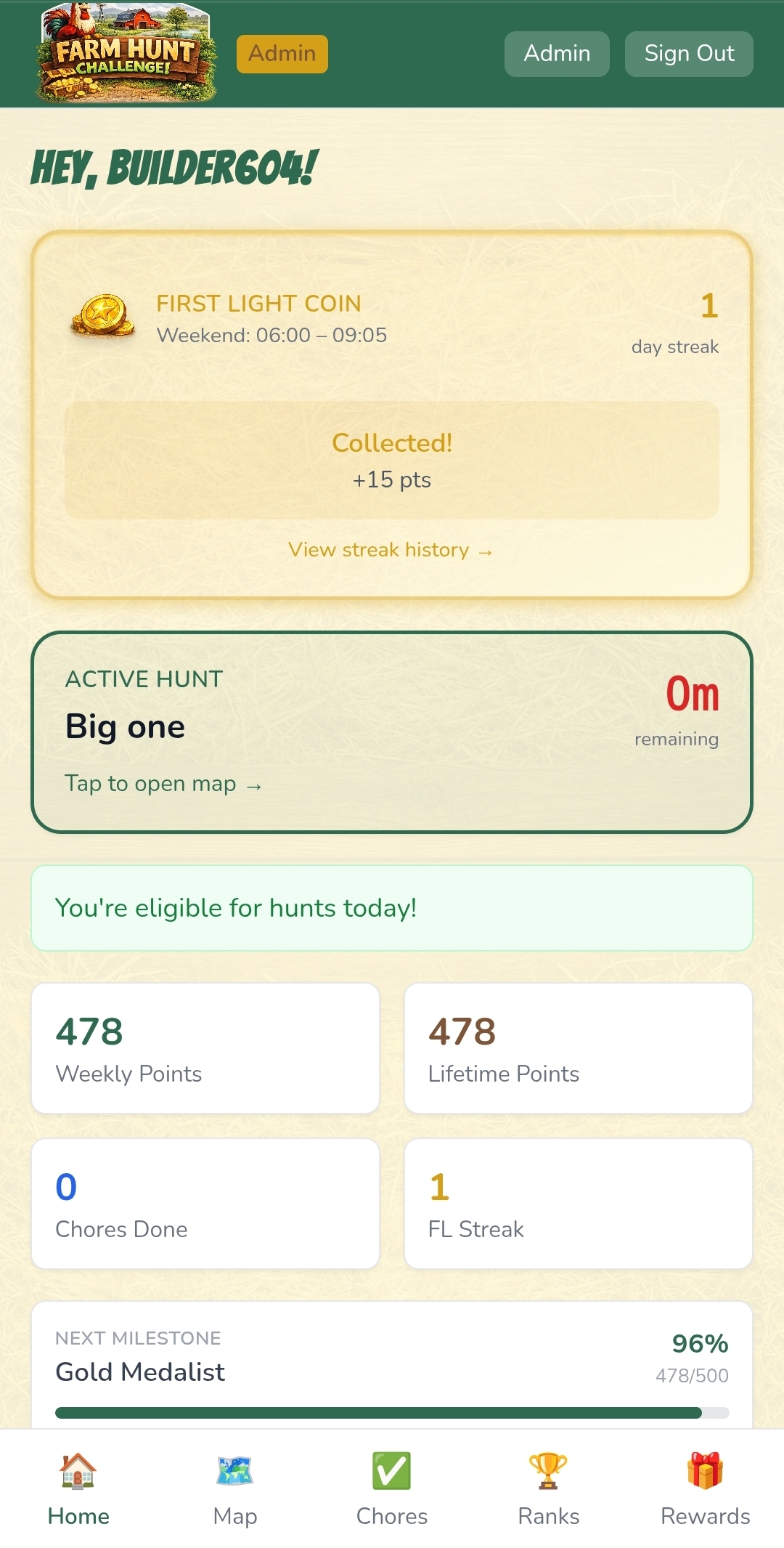 Farm Hunt player dashboard showing active hunt, points, streaks, and milestones