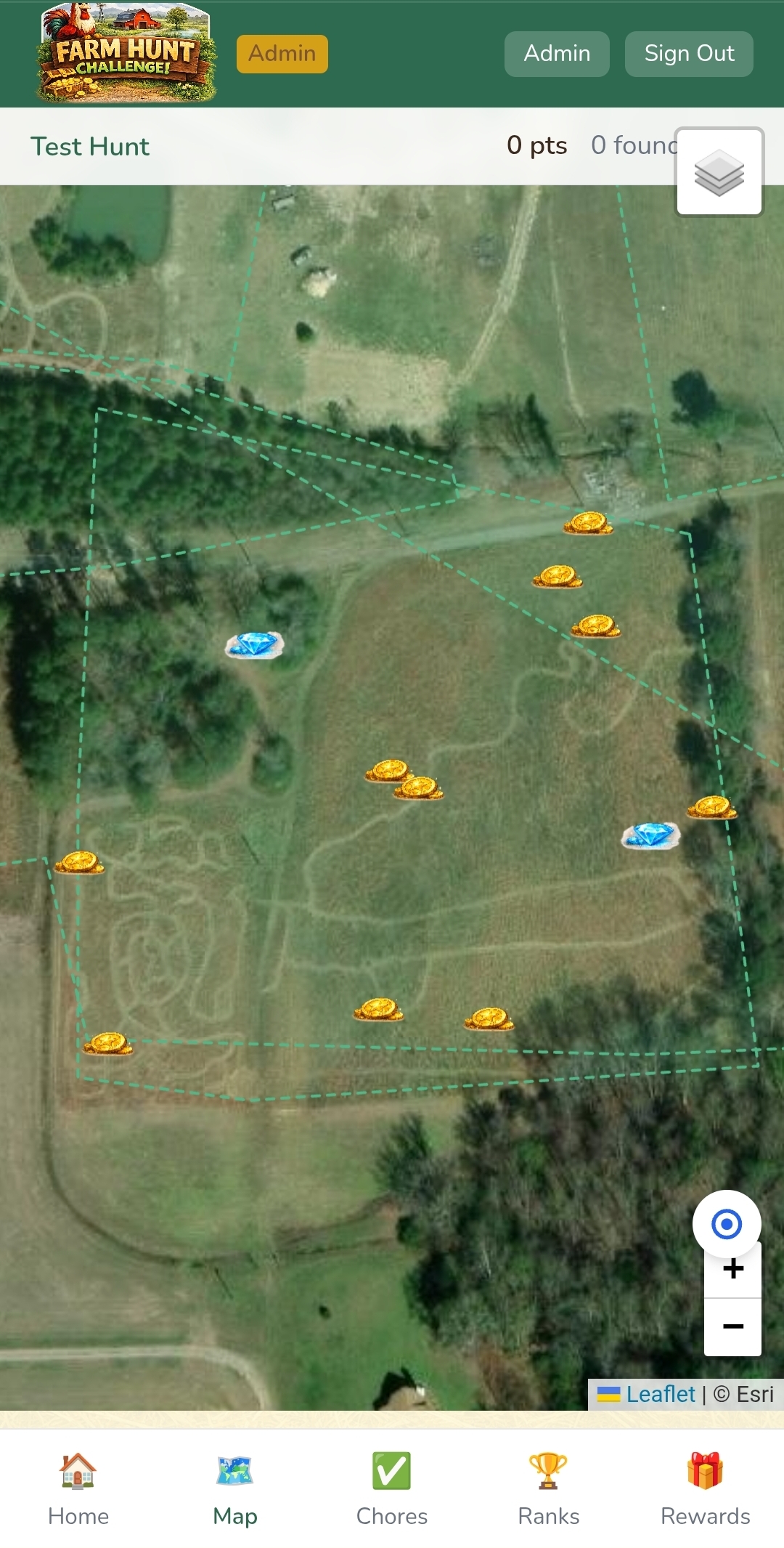 Farm Hunt interactive map with geofenced zones and collectible coins