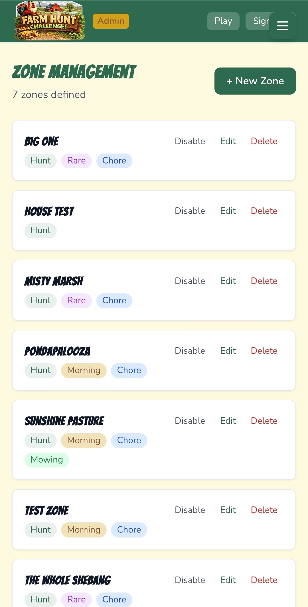 Farm Hunt zone management interface for configuring geofenced areas
