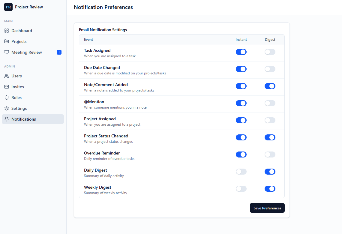 Notification preferences with toggleable email and push settings for project events