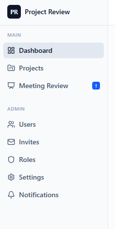 Sidebar navigation showing dashboard, projects, meeting review, settings, and notifications